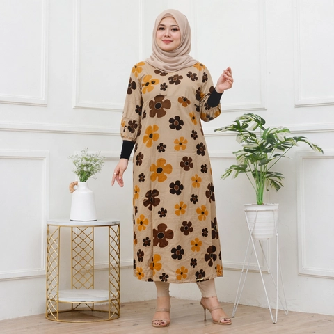 Disya.id - Dress Gamis Wanita Bahan Rayon Resleting Depan Bunga Ceplok
