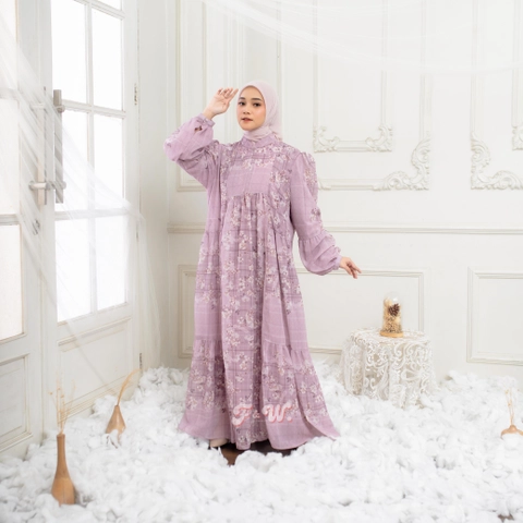 Sakura Baru X FnW - Dress Malika Babydoll Motif Floral Lengan Puffy Muslimah Elegan