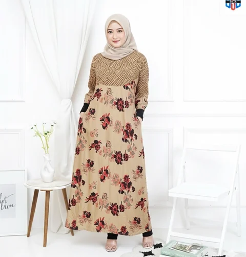 Disya.id - Dress Gamis Wanita Bahan Rayon Resleting Depan Bunga Mawar
