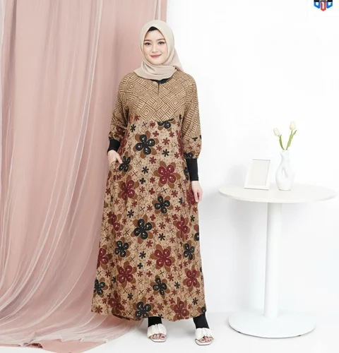 Disya.id - Dress Gamis Wanita Bahan Rayon Resleting Depan Bunga Laut