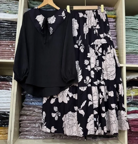 Khisna collection - New set rok Prilly bunga kombinasi polos bahan adem dan halus