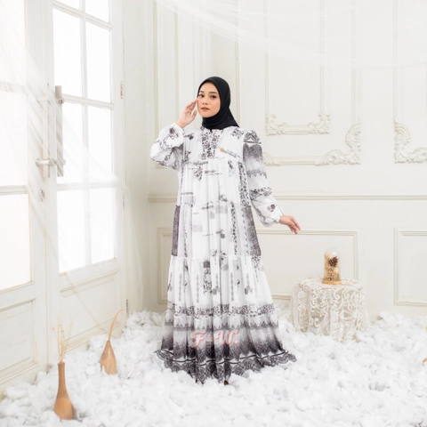 Sakura Baru X FnW - Dress Hilya Babydoll Motif Full Puring 4 Susun Premium Elegan Mewah