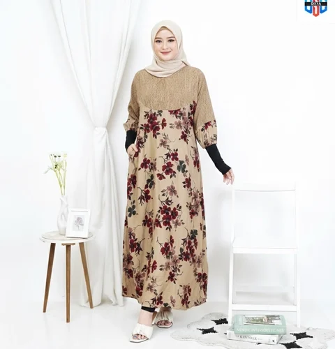 Disya.id - Dress Gamis Wanita Bahan Rayon Resleting Depan Bunga Sopal